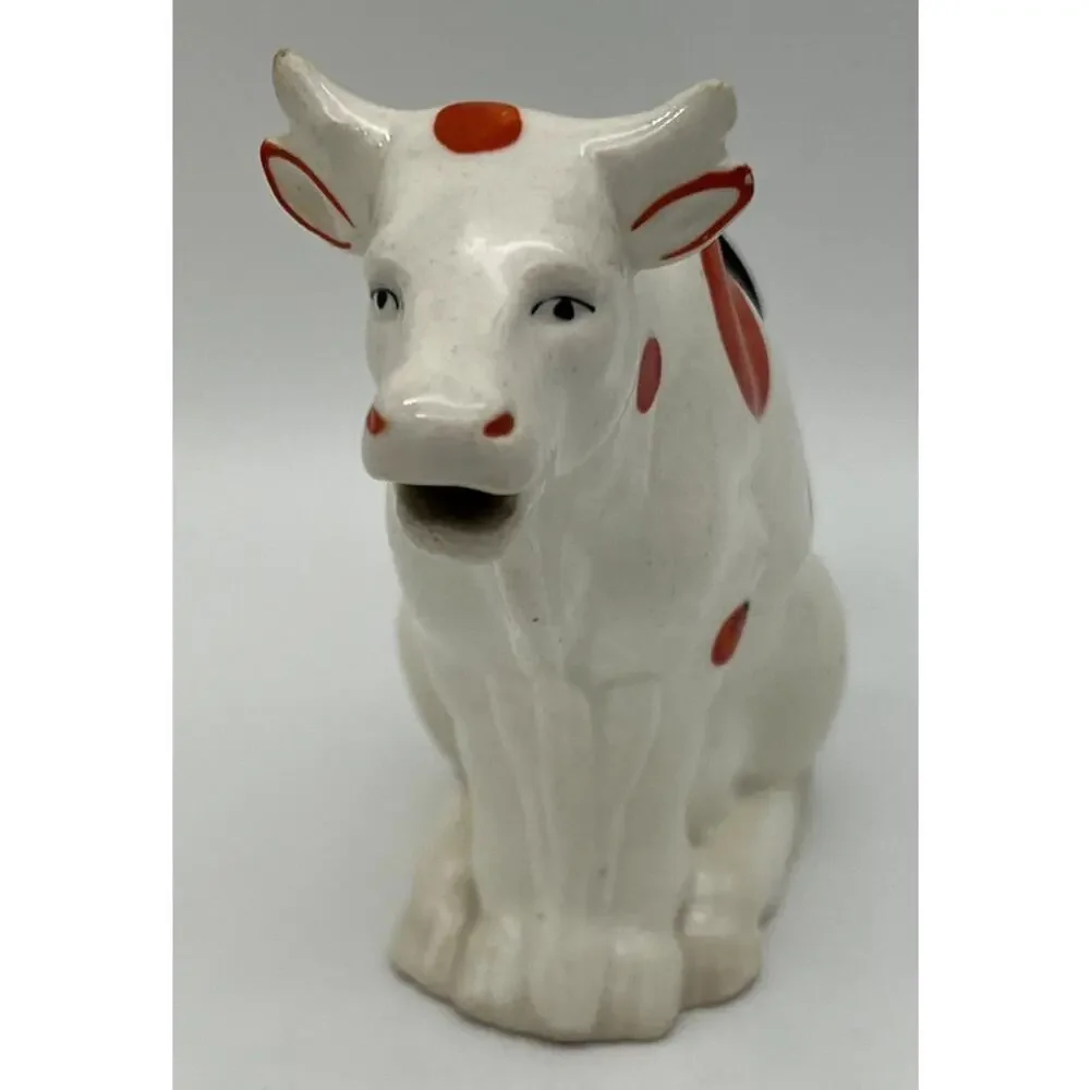 Vtg MCM Farmhouse Ceramic White w/ Orange Spots Cow Kitchen Creamer Serveware